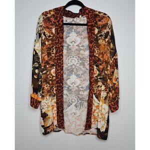 Soft Surroundings Womens Brown Floral Open Front Cardigan 3/4 Sleeve Size S/M